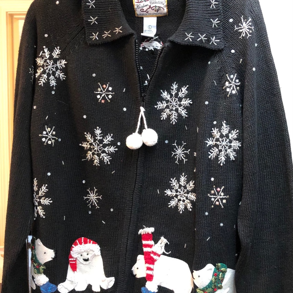 Black Christmas Sweater. Embroidery polar bears.